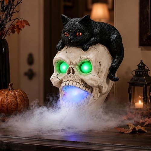Shlinnuo Halloween Skull Statue with Mist Fogger Light 11 inch | Black cat skull decor, glowing eyes, water mist fog, resin Halloween figurine, indoor haunted house tabletop prop - Image 1