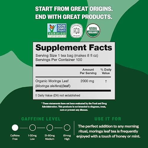 FGO Organic Moringa Tea, 100 Count, Eco-Conscious Tea Bags, Resealable Bag, Caffeine Free, Packaging May Vary (Pack of 1) thumbnail 4
