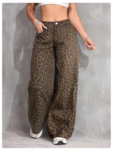SHENHE Girl's Low Rise Baggy Jeans Leopard Print Wide Leg Y2k Loose Cheetah Jeans Denim Pants thumbnail 4