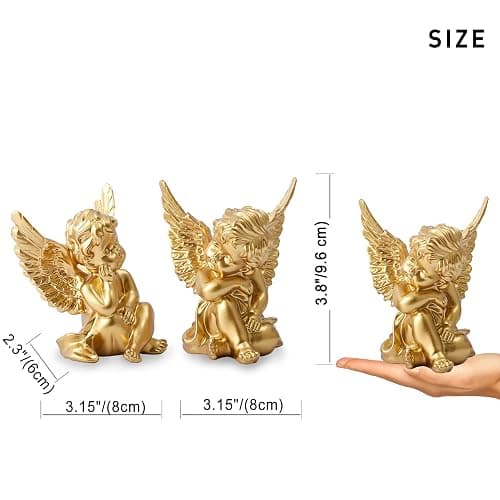 OwMell Set of 2 Cherubs Angels Resin Statue Figurine, Indoor Home Decoration, Adorable Angel Sculpture Memorial Statue 4" - Gold thumbnail 3