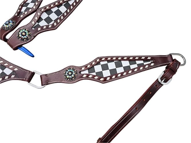Western Tack Set Horse - Black and White Checkered Gladiator Design | Headstall and Breast Collar | Leather Horse Riding Tack for Barrel Racing, Rodeo & Show thumbnail 2