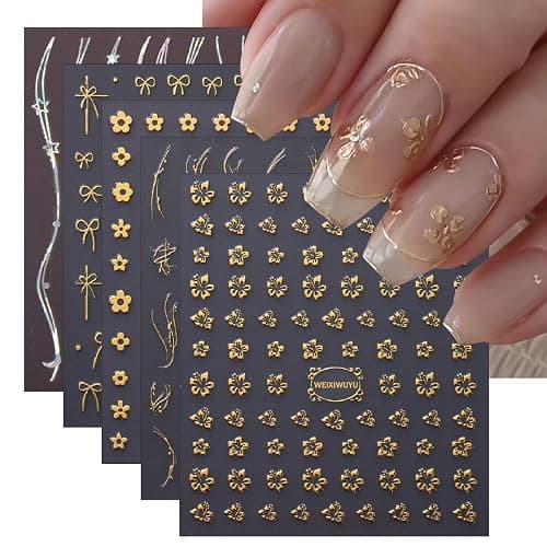 5Sheets Gold Line Nail Art Stickers 3D Self Adhesive Metal Geometric Stripe Wave Little Flower Nail Sticker Glitter Designs Nail Art Supplies Bow Sticker for Women DIY Nail Decoration - Image 1