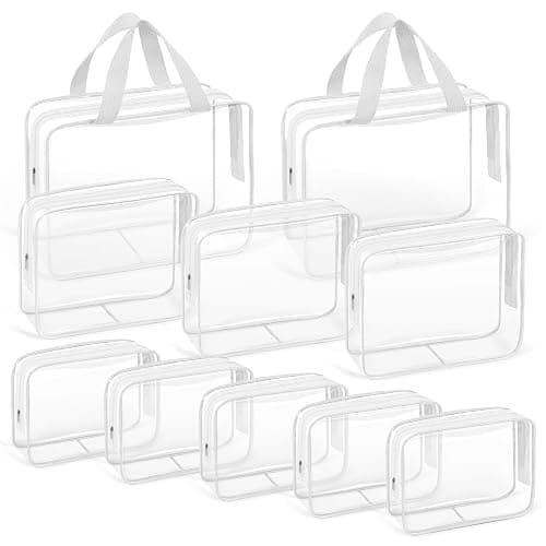 TISRATOK 10 PCS Clear Travel Makeup Toiletry Bag, Plastic PVC Cosmetic TSA Approved Organizer Kit with Zipper Handbag(White) - Image 1