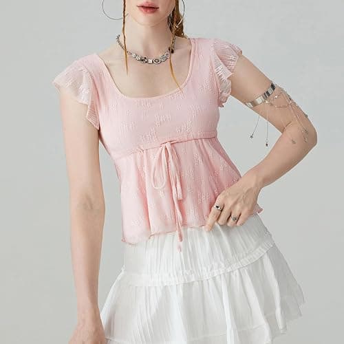 Women Square Neck Peplum Top Y2k Cap Sleeve Layered Ruffle Trim Printed Top Lace Up Slim Fit Solid Color Shirt thumbnail 5