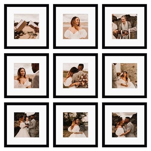 BSRHOME 12x12 Picture Frame Set of 9, Display Pictures 8x8 with Mat or 12x12 without Mat, Multi Collage Gallery Square Photo Frames for Wall or Tabletop, Black - Black - 12x12 - Image 1
