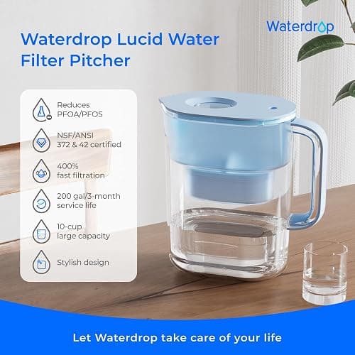 Waterdrop Water Filter Pitcher with 1 Filter, 200-Gallon Long-Life, 10-Cup Large Water Filter Pitcher, NSF Certified, 5X Times Lifetime, Reduces PFOA/PFOS, Chlorine, Blue thumbnail 2
