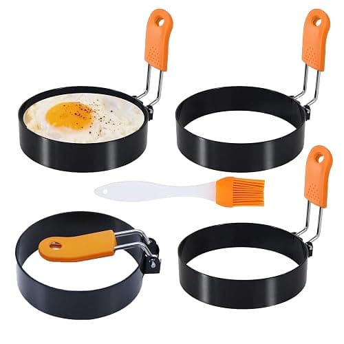 3.5" Egg Rings Set of 4 with Silicone Handle, Large Ring for Frying Eggs, Round Mold for English Muffins - Griddle Cooking Shaper for Indoor Camping Breakfast Sandwiches w/Silicone Oil Brush - Image 1