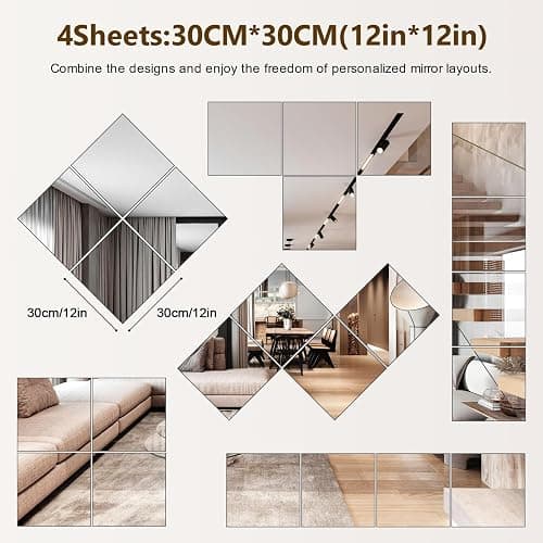 Shiftshade 4 Pack Wall Mirror Full Length, 12 x 12 Inch Acrylic Mirror Tiles, Shatterproof Flexible Plastic Mirror Sheets for Bedroom Home Gym Door thumbnail 2