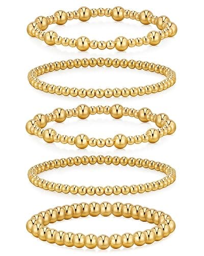 doubgood Gold Bracelets for Women, 5 Piece 14K Gold Plated Bracelet Stack Beaded Ball Jewelry Sets Gifts for Women - Image 1