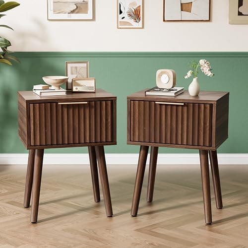 VINGLI Night Stand Set 2, Fluted Nightstands with Drawer, Mid Century Modern Nightstands Set of 2, Bedside Table, End Table, Wood Nightstand for Bedroom, Walnut, 15.75" W*11.81" D*21.85" H - Image 1