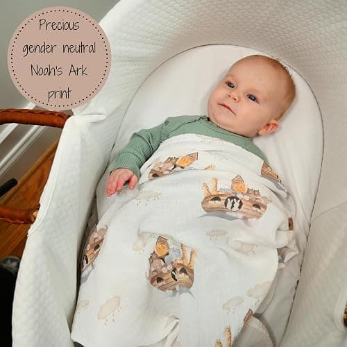LollyBanks Muslin Swaddle Blanket | 100% Muslin Cotton | Gender Neutral Newborn and Baby Nursery Essentials for Girls and Boys, Registry | Noah's Ark Print thumbnail 7