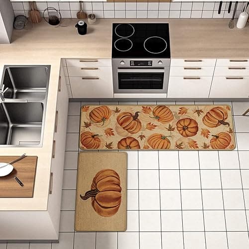 Fall Pumpkin Kitchen Mats Set of 2, Autumn Kitchen Rugs, Non-Slip Absorbent Door Mats, Seasonal Thanksgiving Home Decor Kitchen Floor Mat 17x29 and 17x47 Inch DM087 thumbnail 4