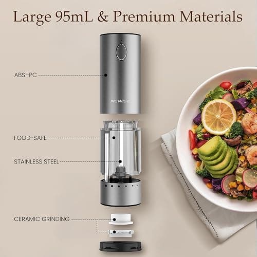 Newise Electric Salt and Pepper Grinder Set - Christmas Kitchen Gift, Rechargeable with LED Lights, Stainless Steel Automatic Mill, Adjustable Coarseness, Large Capacity, Silver thumbnail 5