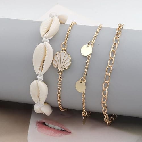 Rrdaily 4 Pcs Natural White Shell Anklet Set for Women,Handmade Adjustable Conch Anklet Set Beach Jewelry Gift thumbnail 4