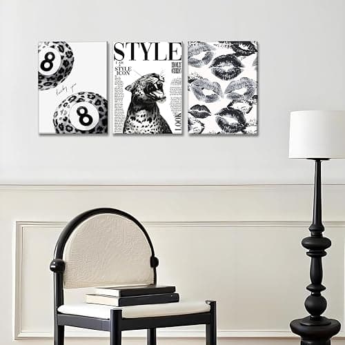 3Pcs Trendy Black and White Leopard Canvas Wall Art Fashion Lucky 8 Ball Lips Pictures Wall Decor Vintage Newspaper Cheetah Posters Prints for Bedroom Apartment Dorm 12x16in thumbnail 4