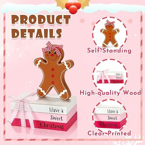 Pink Christmas Decorations 4 PCS Gingerbread Table Centerpieces, Cute Girlie Tabletop Christmas Decor for Tiered Tray Shelf Fireplace Mantel Office Desk Holiday Wood Faux Book Gingerbread Girl Sign thumbnail 4