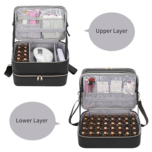Nail Polish Organizer Bag Holds 50+ Bottles (15ml/0.5 fl.oz) &UV Nail Lamp | Portable Durable Gel Polish Travel Case Bag for Nail Suppiles, Gifts for Women, Manicurist Nail Kit Bag, PU Leather Black thumbnail 2