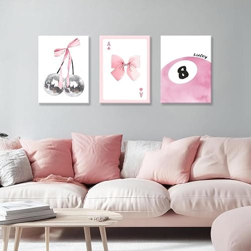 Framed Pink Canvas Wall Decor Set of 3, Pink Bow Wall Art Oil Painting, Girls Preppy Room Decor Picture, Trendy Disco Ball Print Poster for Teen Girl Apartment Bedroom Living Room Aesthetic 12x16 Inch thumbnail 2