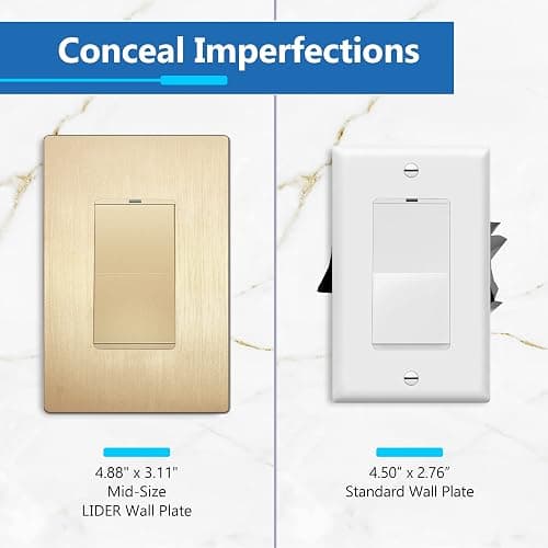 LIDER Brushed Finish Decorator Switch Cover, Screwless Wall Plate, Mid-Size 1-Gang 4.88" x 3.11", Unbreakable Polycarbonate Thermoplastic, UL Listed, LSWP-31M-BGD, Brushed Gold - Brushed Gold - 1 Gang - 1 Pack thumbnail 4