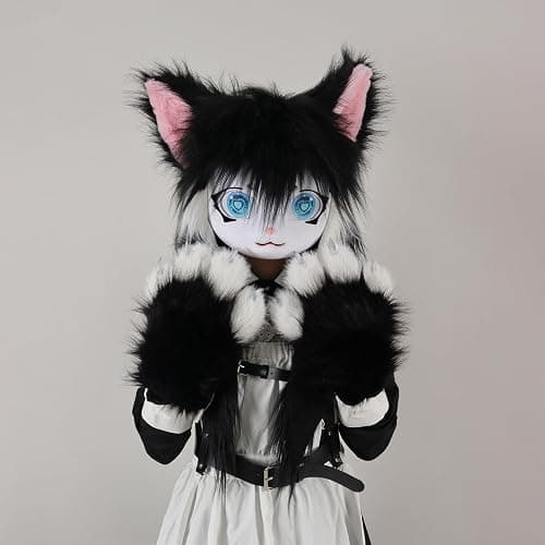 COSYEARS Cat Paw Mittens Gloves Furry Shoes Fursuit Animal Head Mask Halloween Masquerade Costume Accessories Set thumbnail 4