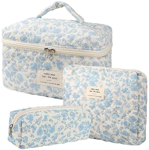 Dkieuyu 3Pcs Cotton Quilted Makeup Bag Set, Cute Floral Makeup Bags, Large Travel Coquette Make up Bag Cosmetic Bag Toiletry Organizer Bag for Women Girls (A) - Image 1