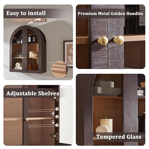 Bathroom Arched Wall Cabinet Over The Toilet Storage Cabinet, 23.5×31.4 Inch bathroom cabinet wall mount with Glass Doors & Adjustable Shelves, Wood Cabinet for Laundry Room, Bedroom Kitchen, Brown thumbnail 5