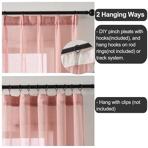 Ftinala Light Pink Sheer Curtains 102 Inch Long, Linen Look Textured Light Filtering Drapes for Girls Room, Light Pink Transparent Window Decor, Floor to Ceiling Pinch Pleat Curtain with Hooks thumbnail 2