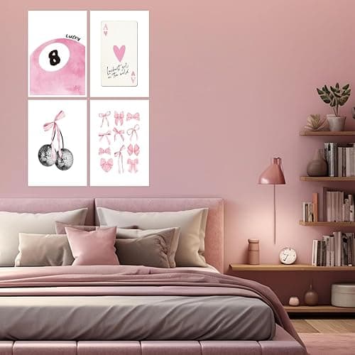Set of 4 Pink Canvas Wall Art Coquette Room Decor Aesthetic Canvas Wall Art Set Of 4 Preppy Pink Bow Heart Ace A Poker Pictures Girly Cute Posters Coquette Wall Decor 8x10in Unframed thumbnail 4