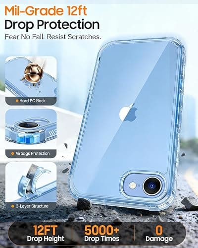 Lifedance Rugged Full-Body Case for iPhone 17e/16e, Built-in Screen Protector, 10FT Military Drop Tested, Clear Shockproof Phone Case Cover for iPhone 17e & 16e, Clear Blue thumbnail 2