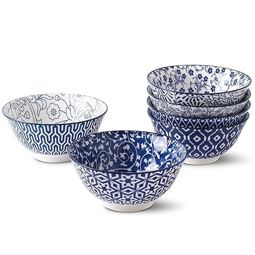 Selamica Blue and White Porcelain 20oz Cereal Bowl Set - Set of 6, 6 inch Soup Bowls, Ceramic bowls for Cereal, Soup, Salad and Pasta, Vintage Blue - Vintage Blue - 6 inches