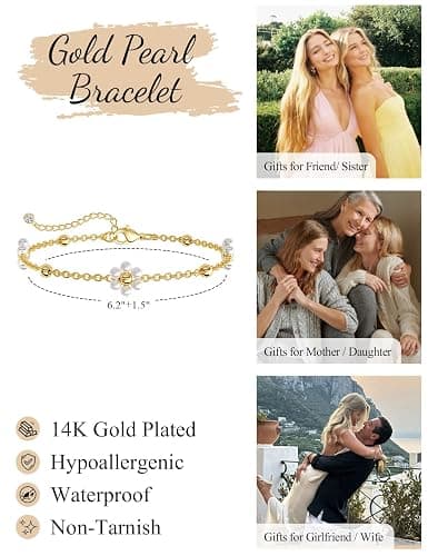 HEVOCY Gold Pearl Bracelets for Women, 14K Gold Plated Dainty Bracelet Set, Adjustable Layered Pearl & Beaded Chain Bracelets, Non Tarnish Lightweight Jewelry Gifts for Women thumbnail 4