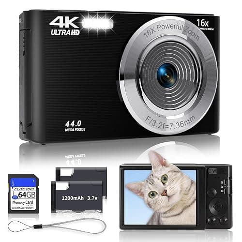 Digital Camera 4K, Upgrade Black Cameras for Teens, Autofocus Digital Point and Shoot Camera for Kids with 16X Zoom, 64GB SD Card, Compact Small Camera for Boys Girls Teens Kids Gift - Image 1