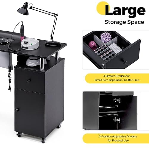 HolaiNail Manicure Table, Nail Desk Nail Tech Table with Dust Collector, Arm Rest, Wheels, Drawer & Cabinet, Beauty Salon Station, Black thumbnail 5