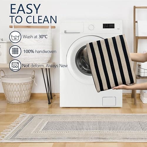 Rustaa Indoor Outdoor Rug 3x5 Front Door Mat Outdoor Cotton Welcome Mat Outdoor Farmhouse Layered Mat Washable Stripe Outdoor Mats for Entrance Front Door Porch Balcony(Black/Tan) thumbnail 5