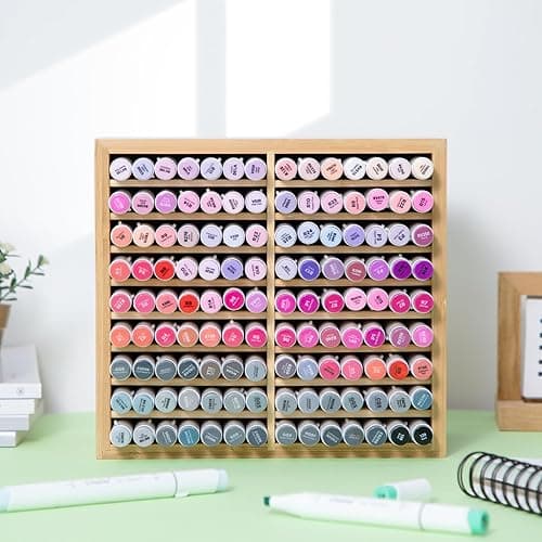 Ohuhu Bamboo Marker Organizer, Wooden Desktop Storage Hold 126 Markers, Pens, Pencils, Art Brushes Stationary Organizer Pencil Holder with 18 Compartments for Home, Classroom, Office Decor - Hold 126 Markers thumbnail 2