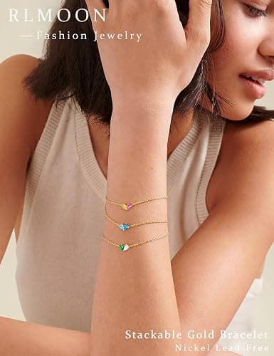 RLMOON Gold Bracelets for Women Dainty 2 Birthstone Bracelets Non tarnish 14K Gold Plated Heart CZ Bracelet for Mother and Daughter Anniversary Birthday Jewelry Gift - 04-05 April&May thumbnail 3