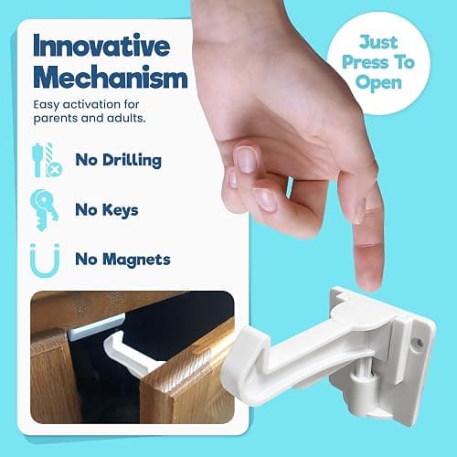Upgraded Invisible Baby Proofing Cabinet Latch Locks (10 Pack) - No Drilling or Tools Required for Installation, Works with Most Cabinets and Drawers, Works with Countertop Overhangs, Highly Secure thumbnail 4