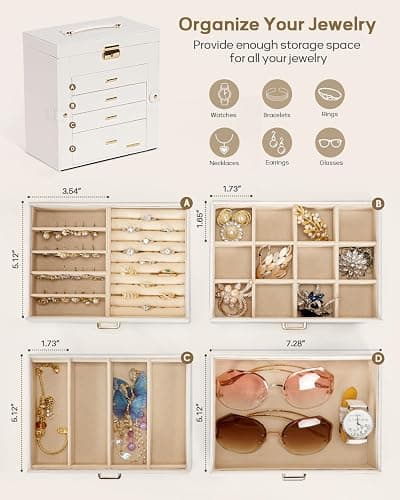 Homde Synthetic Leather Huge Jewelry Box Mirrored Watch Organizer Necklace Ring Earring Storage Lockable Gift Case (White + Gold) - White + Gold thumbnail 3