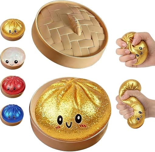 Glitter Dumpling Squishy Box, Dumpling Squishies, Sensory Squeeze Toy for Stress Relief, Soft Decompression Dough for Adults Office and Home Use (Gold Powder Emoji bun) - Image 1
