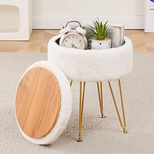 Cplxroc Footrest Footstools Round Faux Fur Ottoman with Storage Space Soft Vanity Chair Seat Coffee Table Ottoman Small Side Table Metal Legs with Adjustable Footings (Cream) - Image 1