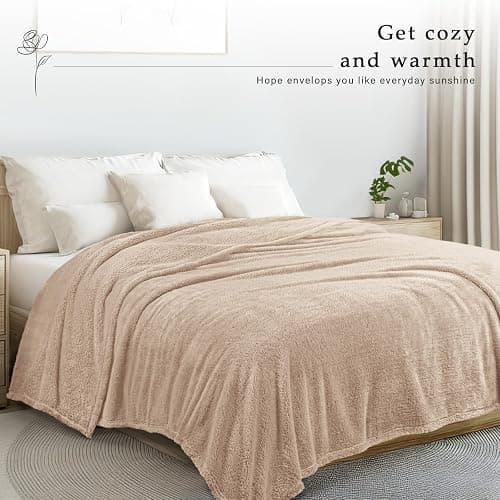 Exclusivo Mezcla King Size Flannel Fleece Blanket, Super Soft Velvet Plush Bed Blanket, Fuzzy Cozy and Warm for Winter, 90x104 Inches, Beige thumbnail 5
