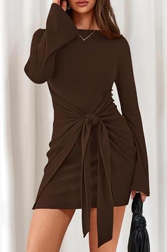 dowerme Women's Casual Mini Dress 2025 Bell Long Sleeve Boat Neck Tie Waist Bodycon Dresses Knitted Party Fall Outfits thumbnail 5