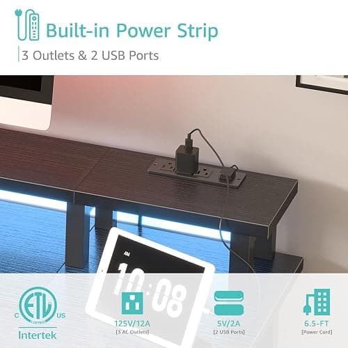Lufeiya Black Gaming Desk with LED Lights and Power Outlets, 47 inch Computer Desk with Fabric Drawers and Storage Shelves, Home Office Desk with Monitor Stand, Black thumbnail 5