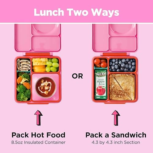 OmieBox Bento Box for Kids - Insulated Bento Lunch Box with Leak Proof Vacuum Insulated Food Jar - 3 Compartments, Two Temperature Zones (Pink Berry) thumbnail 4