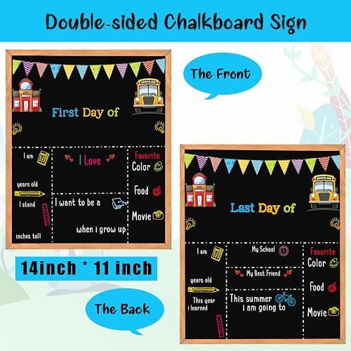 First Day of School Sign - 14" X 11" Double-Sided Board With Frame for Kids - Chalkboard for First & Last Day, Back to School Supplies for Preschool Kindergarten 1st Grade thumbnail 3