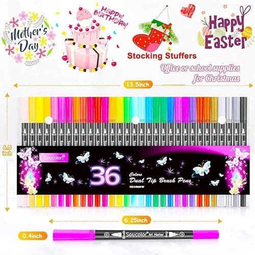 Soucolor Art Brush Markers Pens for Adult Coloring Books, 36 Colors Numbered Dual Tip (Brush and Fine Point) Marker Pen for Kids Note taking Planner Hand Lettering Calligraphy Drawing Journaling thumbnail 2