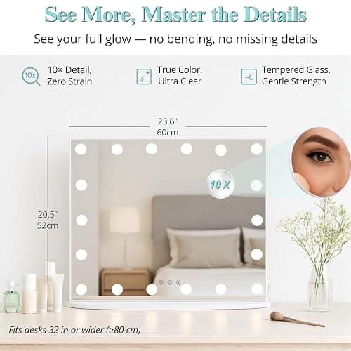 LUXFURNI Vanity Mirror with Lights, 23.6" x 20.5" Hollywood Mirror, Light Up Makeup Mirror with 18 LED Bulbs for Bedroom Desk, 3 Color Lighting Modes, Tabletop & Wall Mount, USB Charging Port thumbnail 2