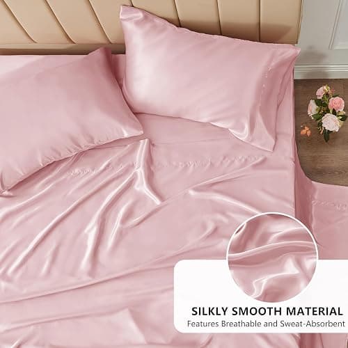 CozyLux Satin Sheets Queen Size Bed Set - 4 Piece Silky Queen Sheet Set, Luxury Dirty Pink Queen Sheets with Smooth and Soft Microfiber, Includes 1 Fitted Sheet, 1 Flat Sheet and 2 Pillowcases thumbnail 3