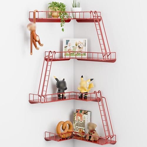 WOPITMER Fire Escape Wall Shelf - Modern City Style 4-Tier Corner Wall Shelves, Easy to Install Metal Ladder Shelf for Figures, New York Decorative Shelves for Bathroom, Living Room & Home Decor, Red - Image 1