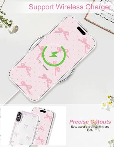 Jusy Compatible with iPhone X/XS Case, Cute Clear Ribbon Bowknot Pattern Aesthetic Soft TPU Transparent Cases Protective Phone Cover for Women Girly with Bracelet Chain - Pink - iPhone X/XS thumbnail 5